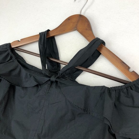 J.Crew Women's Size 8 Black Halter Cold Shoulder 3/4 Sleeve 100% Cotton Blouse - Picture 2 of 12